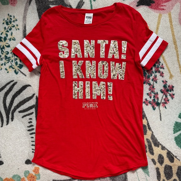 Victoria’s Secret PINK “SANTA I KNOW HIM” Sequin Christmas tee - Picture 1 of 8